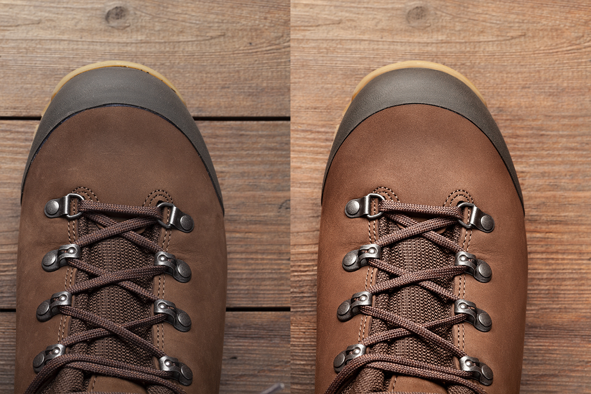Close up of brown leather hiking boots